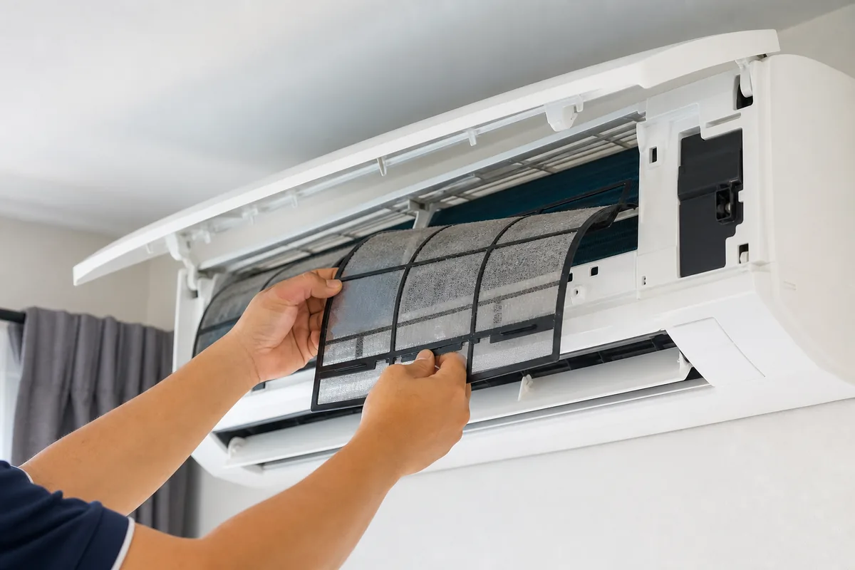 Technician cleaning a split air conditioner filter