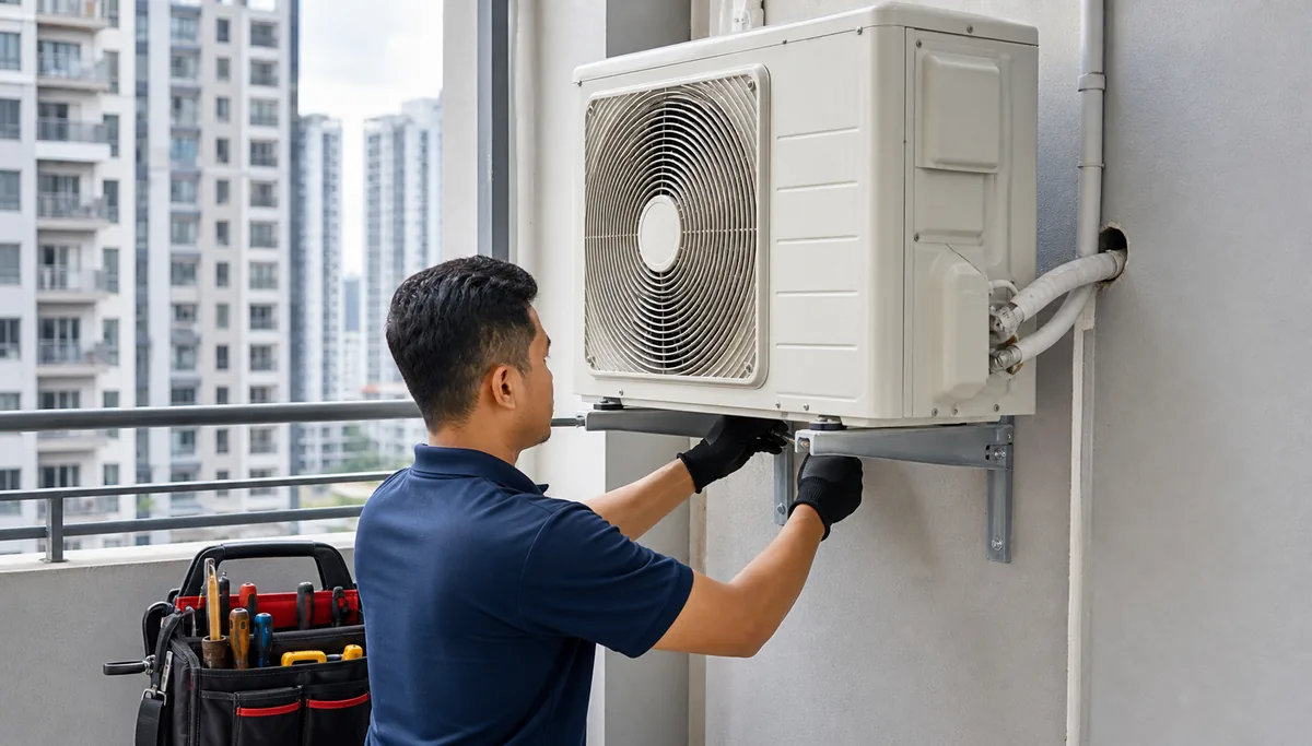 Technician installing an outdoor AC condenser