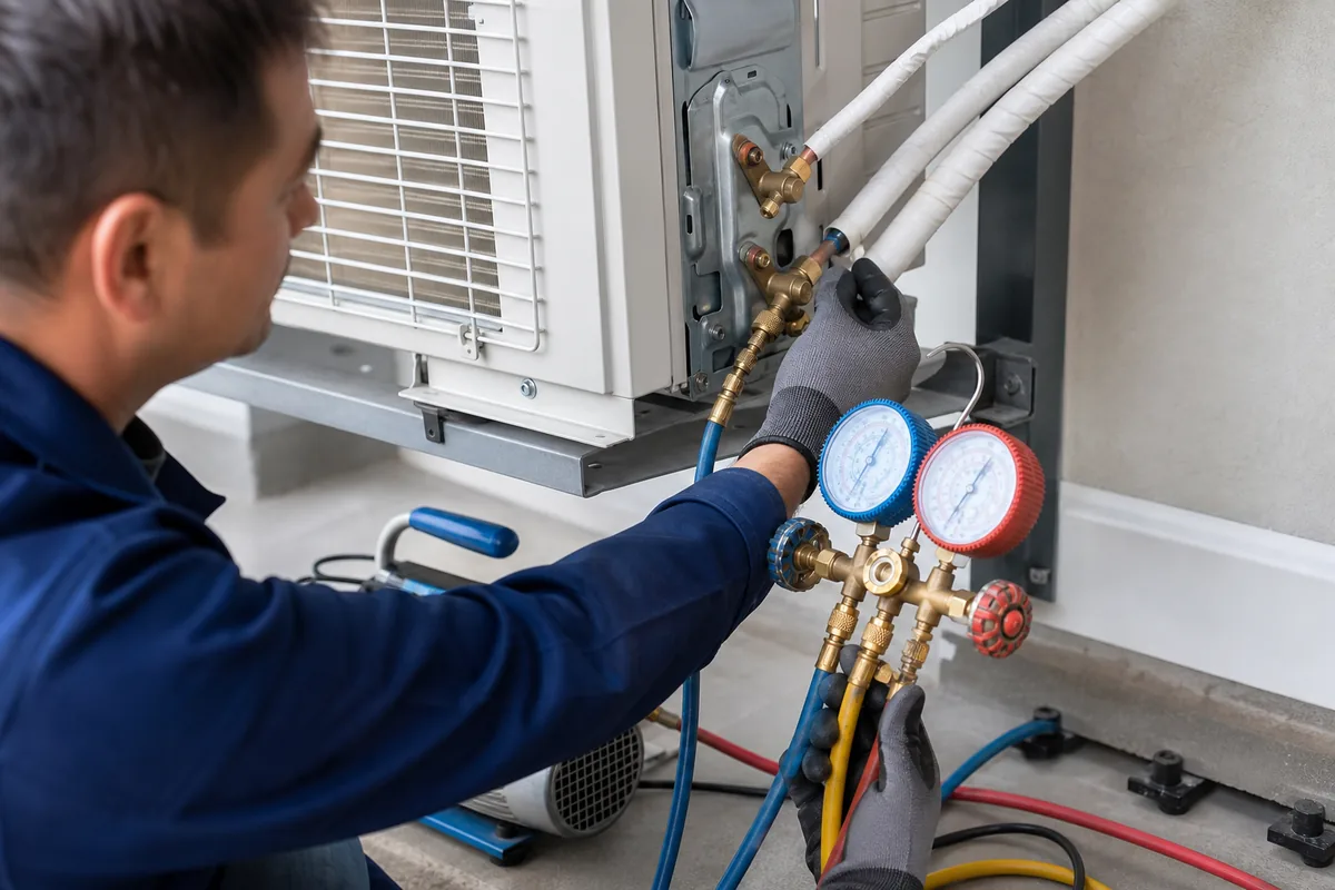 Technician diagnosing AC piping with gauges